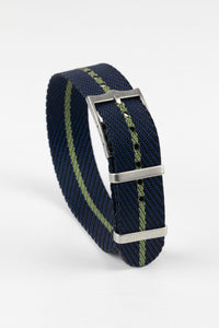 Tudor Style - Woven Nylon Single Pass Strap - Black, Blue & Green Stripe