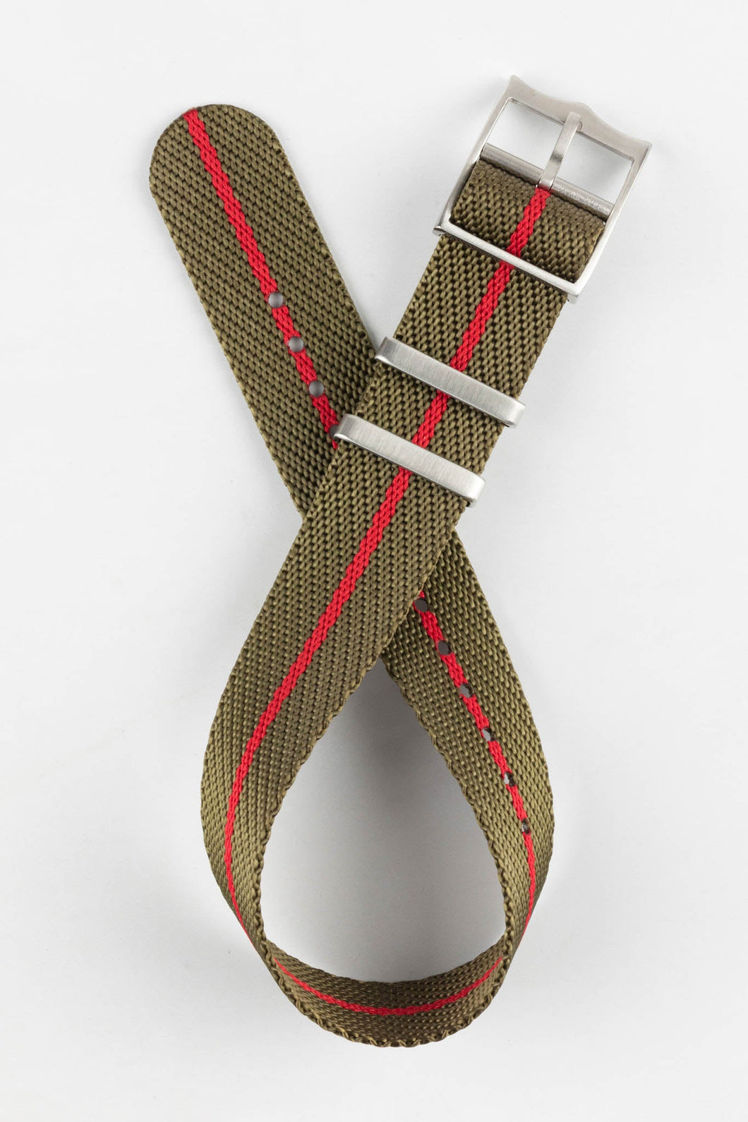 Tudor Style - Woven Nylon Single Pass Strap - Khaki & Red Stripe