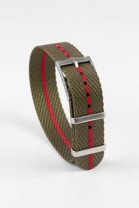 Tudor Style - Woven Nylon Single Pass Strap - Khaki & Red Stripe