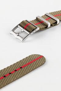 Tudor Style - Woven Nylon Single Pass Strap - Khaki & Red Stripe