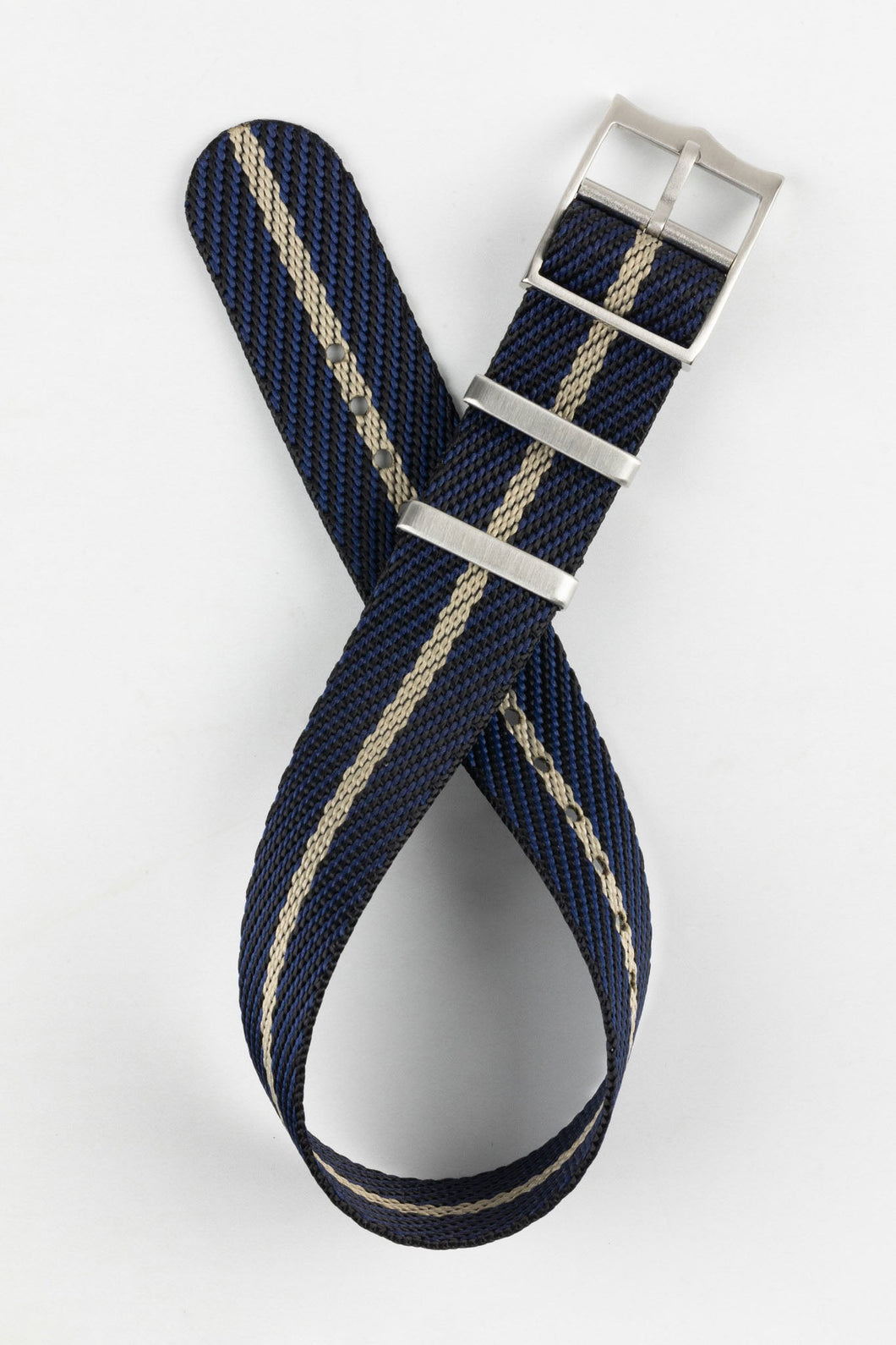 Tudor Style - Woven Nylon Single Pass Strap - Black, Blue & Khaki Stripe