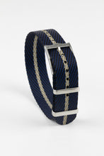 Load image into Gallery viewer, Tudor Style - Woven Nylon Single Pass Strap - Black, Blue &amp; Khaki Stripe