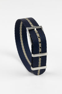 Tudor Style - Woven Nylon Single Pass Strap - Black, Blue & Khaki Stripe