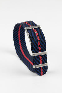 Tudor Style - Woven Nylon Single Pass Strap - Black, Blue & Red Stripe