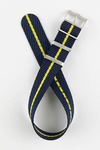 Tudor Style - Woven Nylon Single Pass Strap - Black, Blue & Yellow Stripe