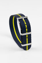 Load image into Gallery viewer, Tudor Style - Woven Nylon Single Pass Strap - Black, Blue &amp; Yellow Stripe