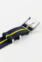 Load image into Gallery viewer, Tudor Style - Woven Nylon Single Pass Strap - Black, Blue &amp; Yellow Stripe