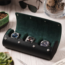 Load image into Gallery viewer, Large Genuine Leather - Triple Watch Roll - Travel Case storage in BLACK / GREEN