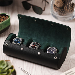 Large Genuine Leather - Triple Watch Roll - Travel Case storage in BLACK / GREEN